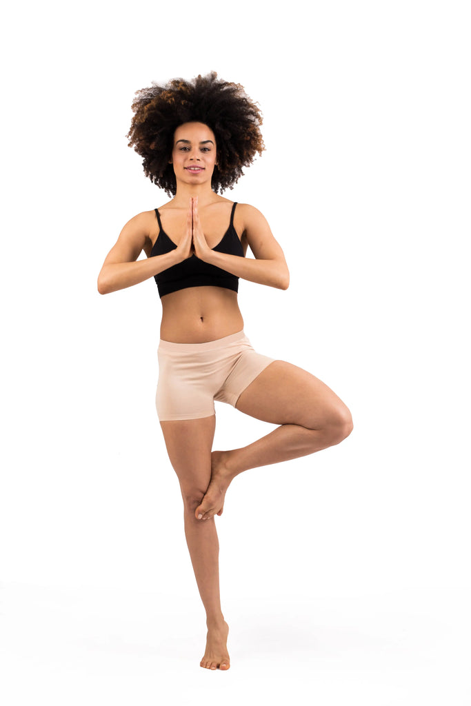 woman wears beige boyshorts for ladies