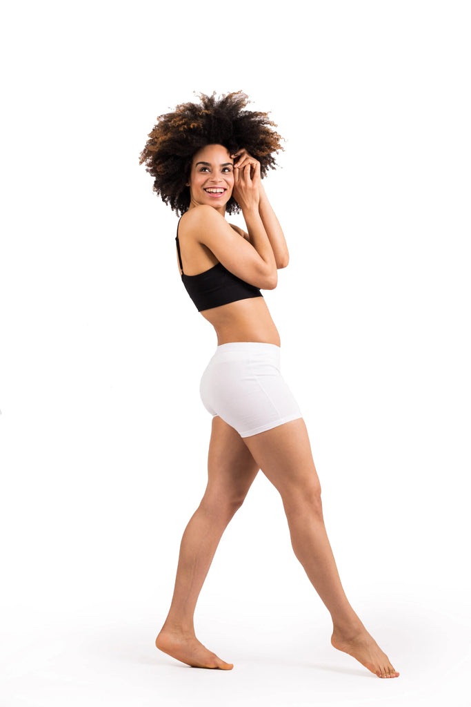 woman wears white boxer brief